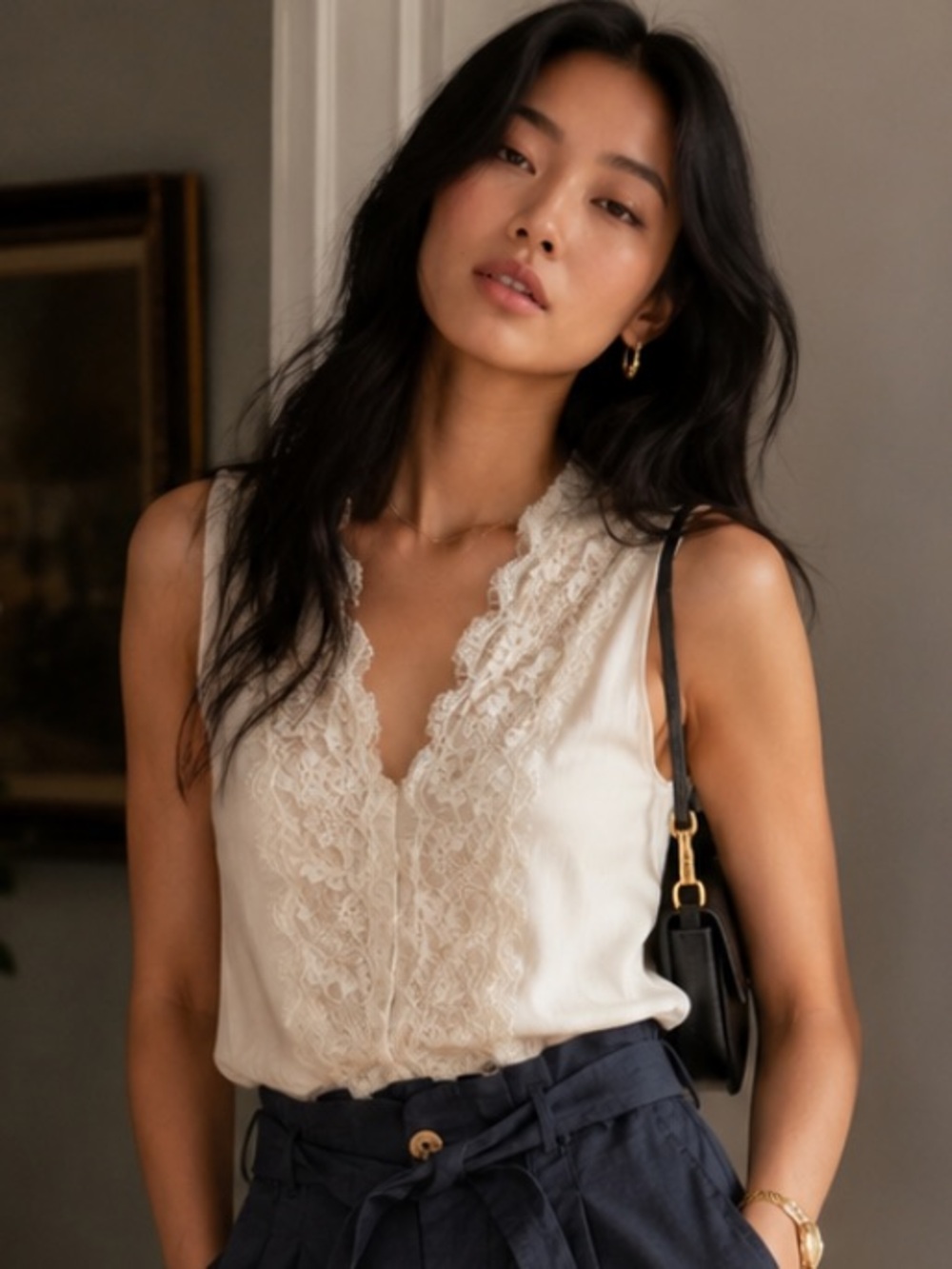 Marineblu Cream Lace-Front Sleeveless Camisole